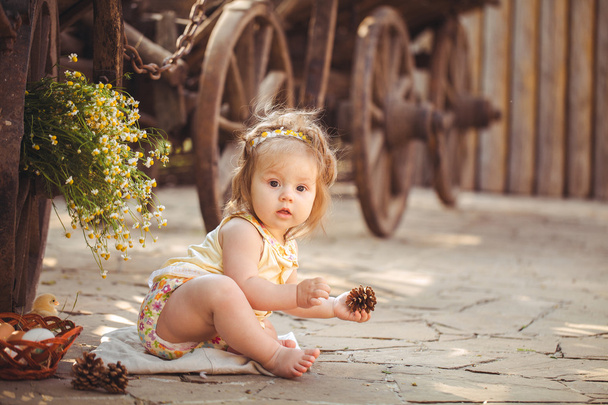 Little girl playing with rabbit in the village. Outdoor. Summer portrait. - Fotografie, Obrázek