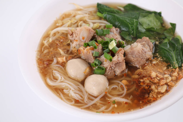 Local Thai food , Noodle with meat ball and pork isolated in white background - Photo, Image