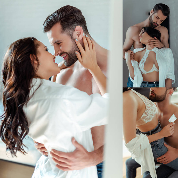 collage of sexy young brunette woman and man with bare torso hugging and kissing at home - Photo, Image