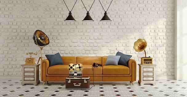 Vintage style interior.Beige leather sofa with pillows and headphone,Old tape recorder with suitcase,old brass horn gramophone on side table,Black ceiling lamp,white brick background and tiled floor.3d rendering - Photo, Image
