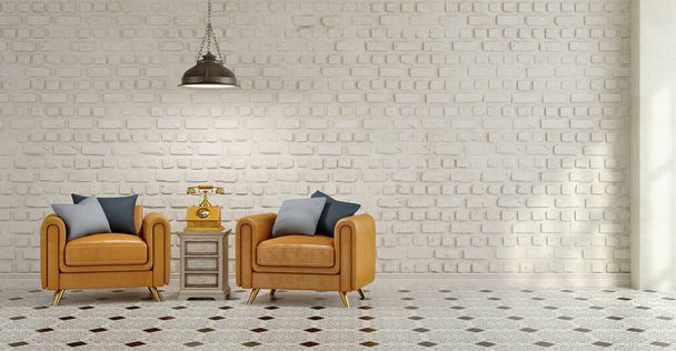 Vintage style interior.Beige leather armchairs with pillows,Old analog telephone on side table,Black ceiling lamp,white brick background and tiled floor.3d rendering - Photo, Image
