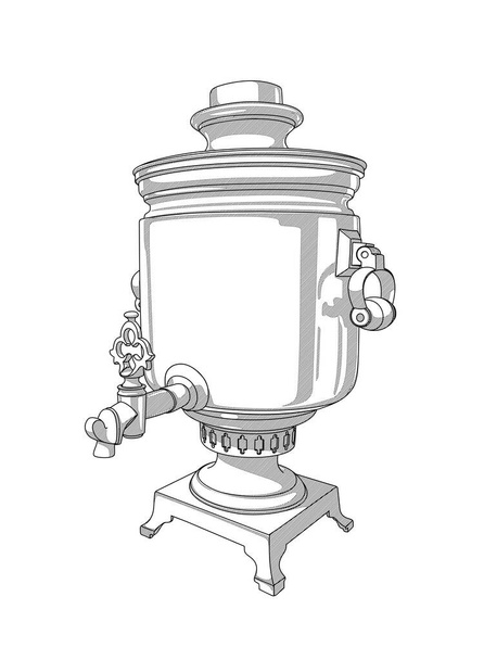 Samovar - flat illustration. Antiques - stylized detailed drawing of thin lines. Antique dishes for boiling water. attribute for the kitchen - make tea - Vector, Image