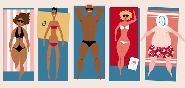 Diferentes tipos de corpo pessoas deitadas na praia, ficando bronzeado, EPS 8 ilustração vetorial
 - Vetor, Imagem