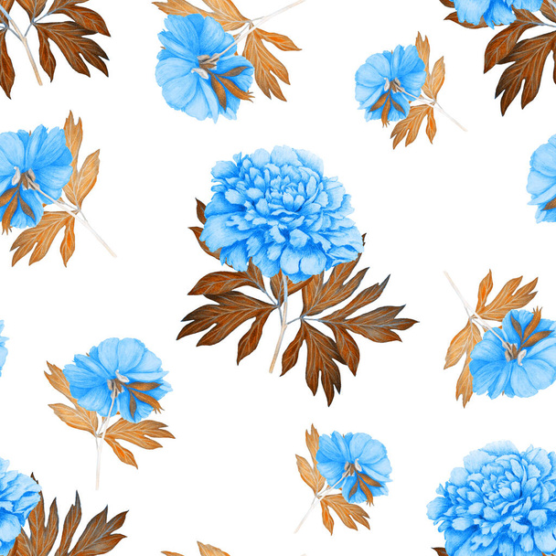 Floral seamless pattern with beautiful blooming peonies . Romantic botanical print. Hand drawn crayon illustration. - Foto, Imagem