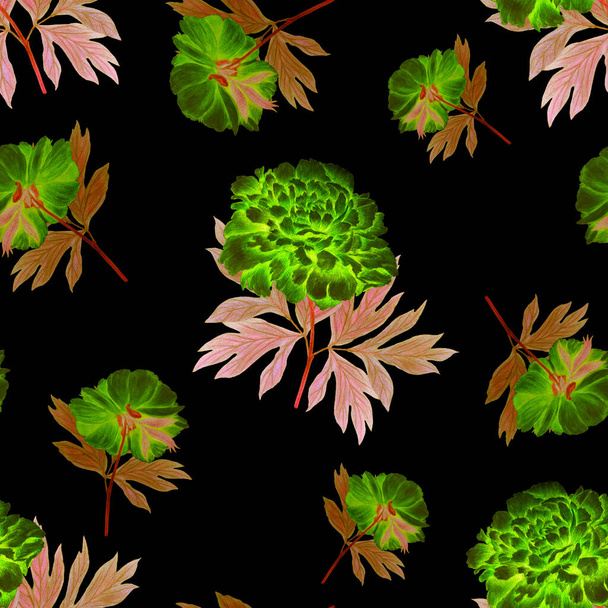 Floral seamless pattern with beautiful blooming peonies . Romantic botanical print. Hand drawn crayon illustration. - Fotografie, Obrázek