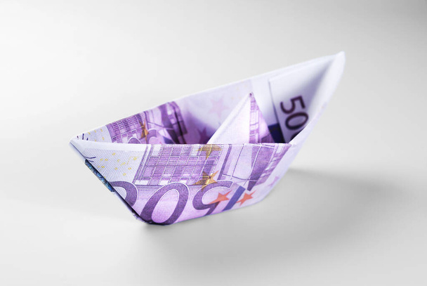 Five Hundred Euro Banknotes Boat over Grey Background - Photo, Image