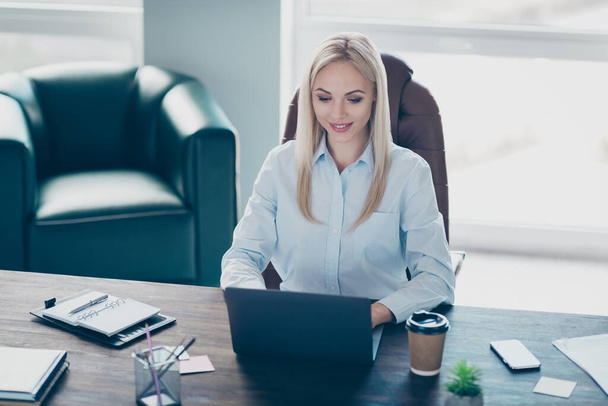 Photo of attractive pretty business lady notebook table chatting colleagues read corporate report insurance agent wear shirt sitting chair modern interior office indoors - Valokuva, kuva