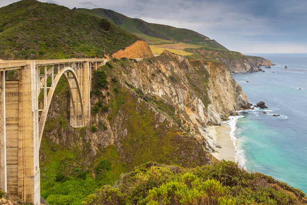 View of the Bixby Creek Bridge on the famous road number 1, Cabrillo Highway, Monterey, California, USA. - Photo, Image