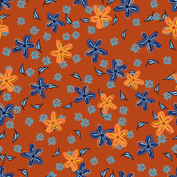 Blaue und orangefarbene Blüten nahtloses Vektormuster - Vektor, Bild