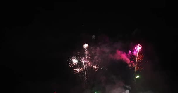 Ρεάλ πολύχρωμα πυροτεχνήματα οθόνη στο σκοτεινό ουρανό, εθνική γιορτή του νέου έτους, 4k - Πλάνα, βίντεο