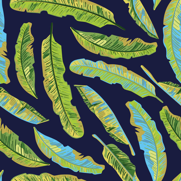 Vektorový banán zanechává na tmavém pozadí hladký vzor. Zelené tropické banánové listy nekonečné pozadí, - Vektor, obrázek