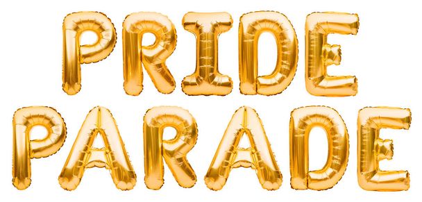 Inflatable golden balloons, letters forming words PRIDE PARADE isolated on white background. LGBT, carnival pride, holiday card, party, freedom, free love concept - Photo, Image