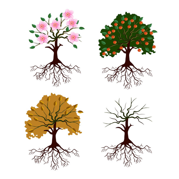 異なる季節の漫画スタイルのリンゴの木 - ベクター画像