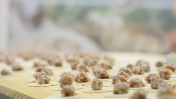 slow motion through blanks for dumplings from dough and minced meat on a wooden table - Πλάνα, βίντεο