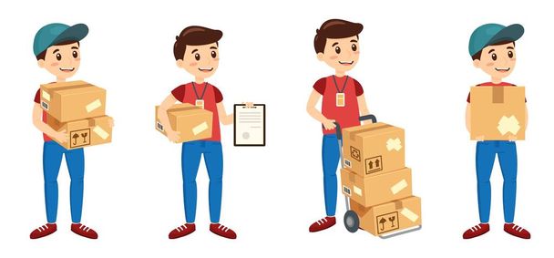 Servicio de entrega niño con uniforme rojo y azul, cajas de transporte
 - Vector, imagen