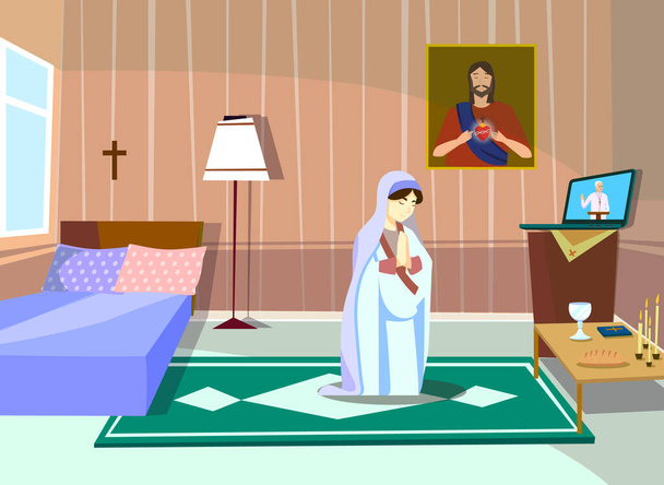 Kobieta się modli. Kaznodzieja przyznaje się w sieci. Płaska kreskówka wektor kolor i - Wektor, obraz