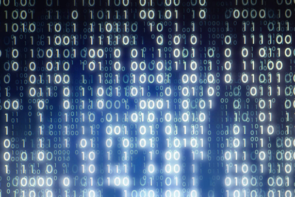 Foto der Mehrfachbelichtung des Computerbildschirms mit binärem Code. digitaler Zeitalter abstrakter Hintergrund aus ungleichmäßiger Beleuchtung und leuchtenden blauen und weißen binären Datenkonzepten - Foto, Bild