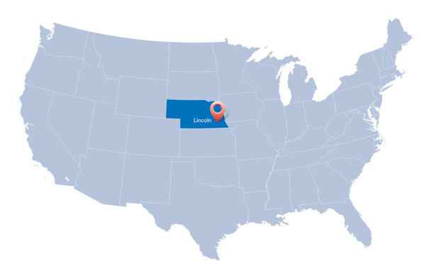 Mapa de EE.UU. con la indicación de Estado de Nebraska y Lincoln
 - Vector, imagen