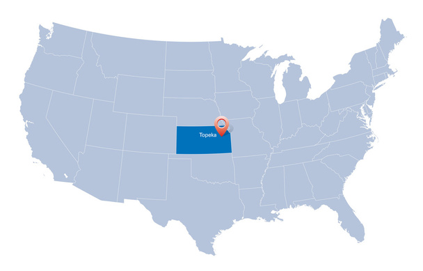 USA map with the indication of State of Kansas and Topeka town - Vector, Image