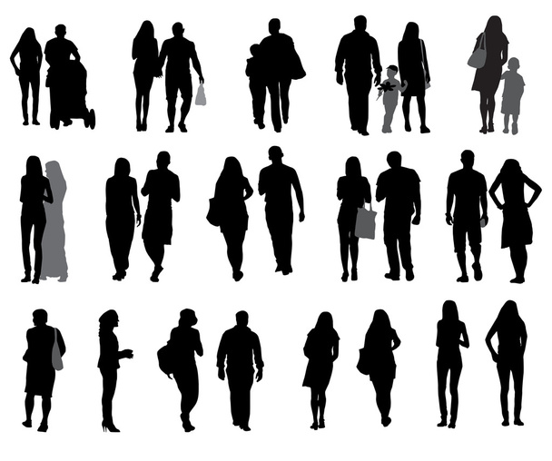 Set of Silhouette Walking People and Children. Vector Illustration. - Vector, Image