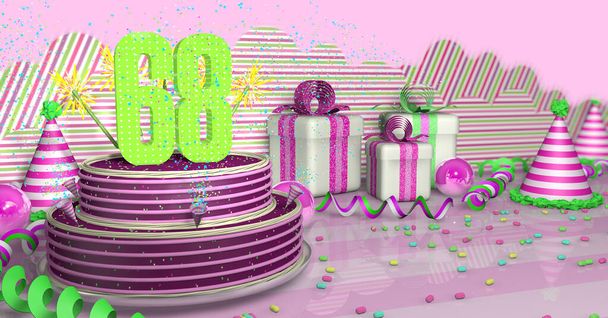 Фиолетовый круглый 68 день рождения торт украшен красочными искрами и розовыми линиями на ярком столе с зелеными лентами, шляпы и подарочные коробки с розовыми лентами и конфеты на столе, на розовом фоне. 3D-моделирование
 - Фото, изображение