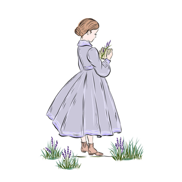 Дівчина читає книгу, одягнену в м'яч, стоїть на лавандовому полі
.  - Вектор, зображення