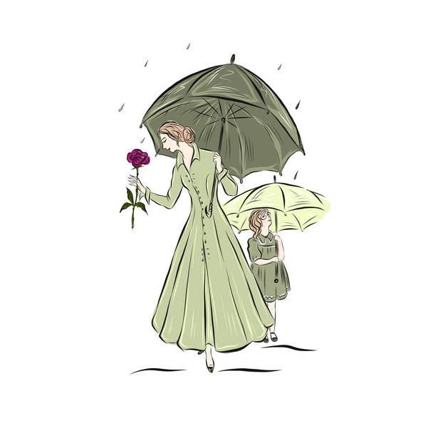  Mom with rose and daughter walk under umbrellas in rain weather. Family together. Woman and girl in green dress in vintage style of 19th century. Retro vintage style.  - Vektori, kuva