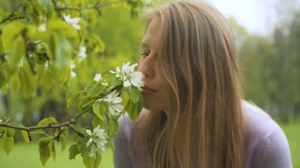 Γυναικείο πρόσωπο που μυρίζει ένα λουλούδι μήλου - Πλάνα, βίντεο