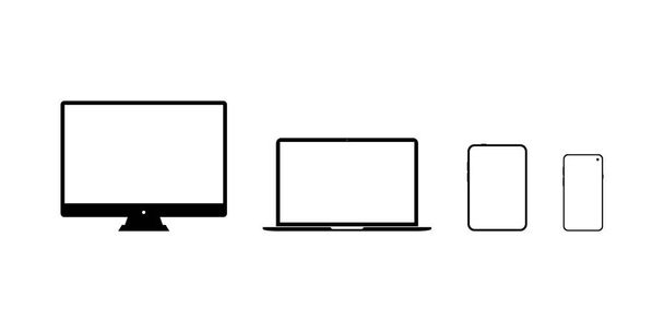 Laitteen kuvakkeet asetettu. Tietokonenäyttö, kannettava tietokone, tabletti, älypuhelin valkoisella taustalla
 - Vektori, kuva
