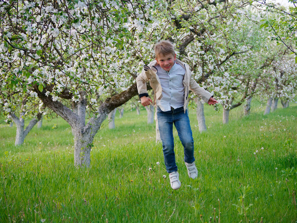 庭に咲くリンゴの木の近くの芝生の上の少年2020 - 写真・画像