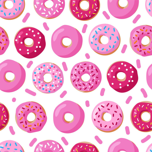 Patrón sin costura vectorial. Donuts rosados sobre fondo blanco. Ilustración hecha a mano. Textura de moda para impresión, textil, embalaje, pancarta, papel pintado
. - Vector, Imagen