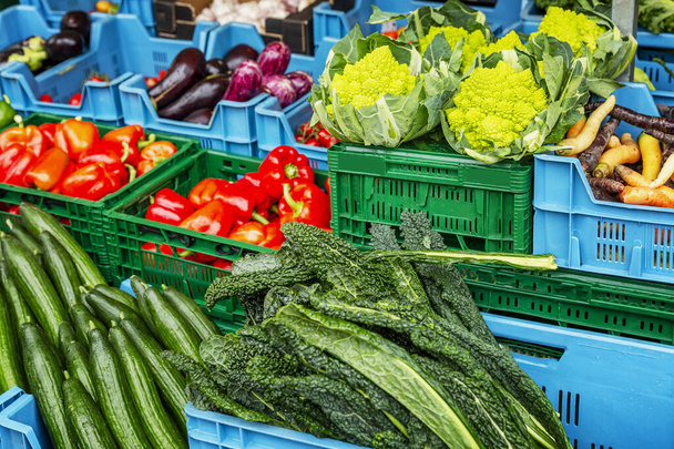 Fresh varied vegetables on the market. Healthy nutrition and vitamins. - 写真・画像