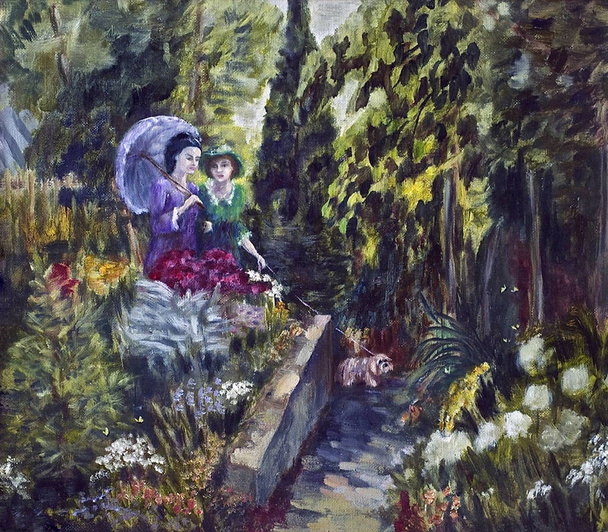 A kertben. Fiatal nők sétálnak egy kiskutyával egy árnyas kertben. Olajfestmény vászonra. - Fotó, kép