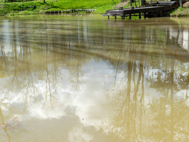 vista de un pequeño estanque, la superficie sombreada del agua refleja las sombras de los árboles
 - Foto, imagen