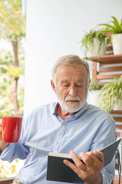 Nyugdíjas férfi boldog olvasmány könyv otthon - Fotó, kép