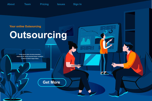 Outsourcing service isometric landing page. Developer and designer working with laptop in office website template. Professional and qualified outside resourcing perspective flat vector illustration. - Vector, Image