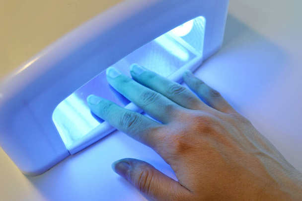 processo de manicure em lâmpada LED luz azul fechar. fundo branco
 - Foto, Imagem