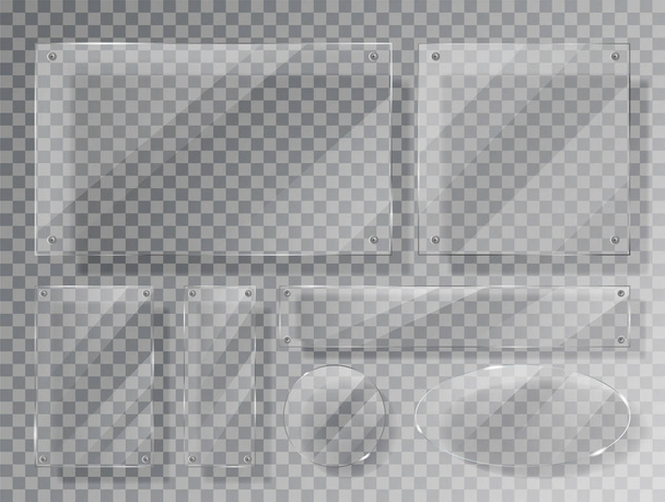 Set di lastra di vetro realistico di diverse forme su sfondo trasparente. Struttura in acrilico e vetro con riflessi e luce. Finestra o telaio in vetro realistico. Illustrazione vettoriale 10 EPS isolato
 - Vettoriali, immagini