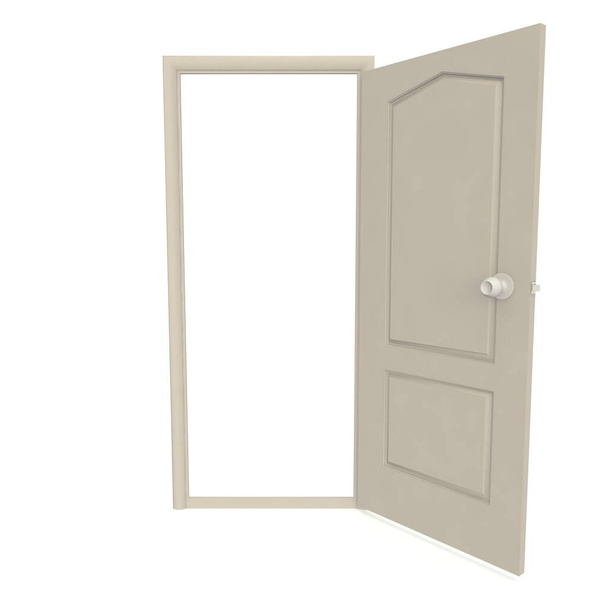 Uma porta de madeira cinza com uma alça giratória. Fundo isolado branco. Renderização 3D
 - Foto, Imagem