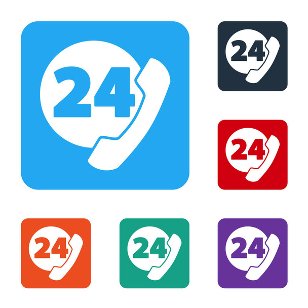 Biały telefon 24 godziny wsparcia ikony izolowane na białym tle. Całodniowy call-center obsługi klienta. Pełny etat. Zestaw ikon w kolorach kwadratowych przycisków. Ilustracja wektora - Wektor, obraz