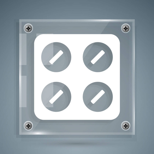 White Pills in blister pack icon isolated on grey background. Medical drug package for tablet, vitamin, antibiotic, aspirin. Square glass panels. Vector Illustration - Vector, Imagen