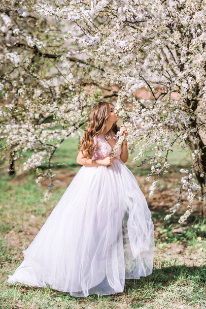 bela mulher grávida em um vestido de luz longa caminha em um jardim de primavera florescendo
 - Foto, Imagem
