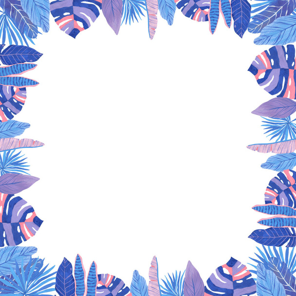 A square frame of tropical leaves, hand-drawn in blue, blue and pink colors. - Foto, imagen