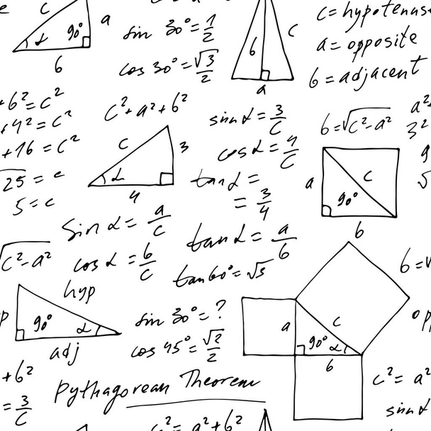 Handgeschriebene trigonometrische Vektor nahtlose Muster, handgezeichnete monochrome mathematische Formeln isoliert auf weißem Hintergrund, mathematischer, geometrischer, wissenschaftlicher, pädagogischer Hintergrund - Vektor, Bild