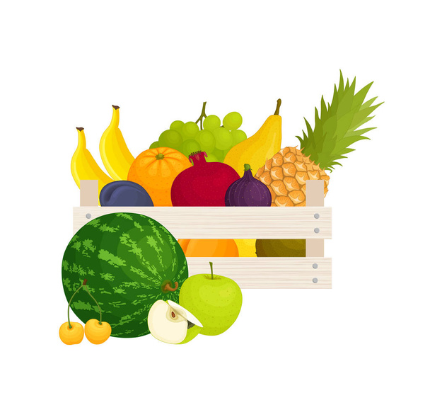 A wooden box full of various fruits. Template on the theme of farming, harvesting and selling fresh organic products. Vector illustration in cartoon style. - Vektor, Bild