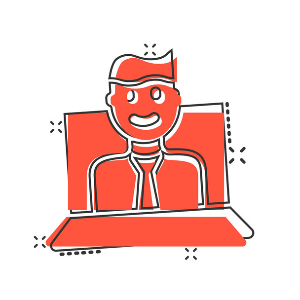 Personas con el icono de la computadora portátil en estilo cómico. PC usuario ilustración vectorial de dibujos animados sobre fondo blanco aislado. Administrador de oficina splash concepto de negocio efecto. - Vector, Imagen