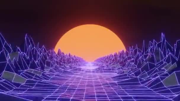 Retro futurystyczna pętla sci-fi z lat 80. Krajobraz fal wstecznych, neonowe światła i niska siatka terenu z poli. Stylizowane vintage vporwave tło animacji 3D z górami i słońcem - Materiał filmowy, wideo