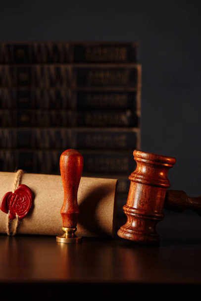 Last will and testament with wooden judge gavel on wooden table - Photo, Image