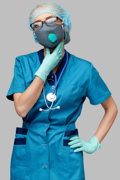 medical doctor nurse woman wearing protective mask and rubber or latex gloves - neck illness - Fotografie, Obrázek