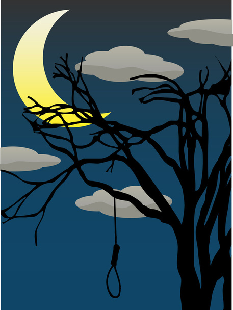 Spooky Quarter Moon above bare tree with hanging noose - Vector, Image